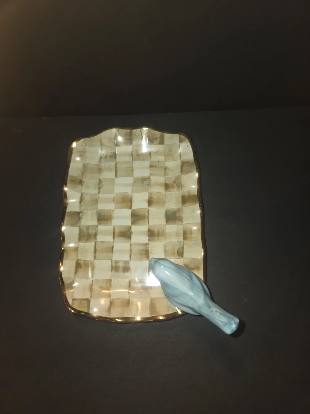 Mackenzie Childs Parchment Check Vanity Tray with Blue Bird New And Retired